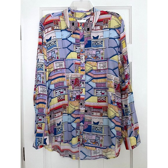 Stine Goya Maxwell Palazzo Doll House Print Silk Shirt Top Pastel Stairs Room XL - Picture 2 of 6